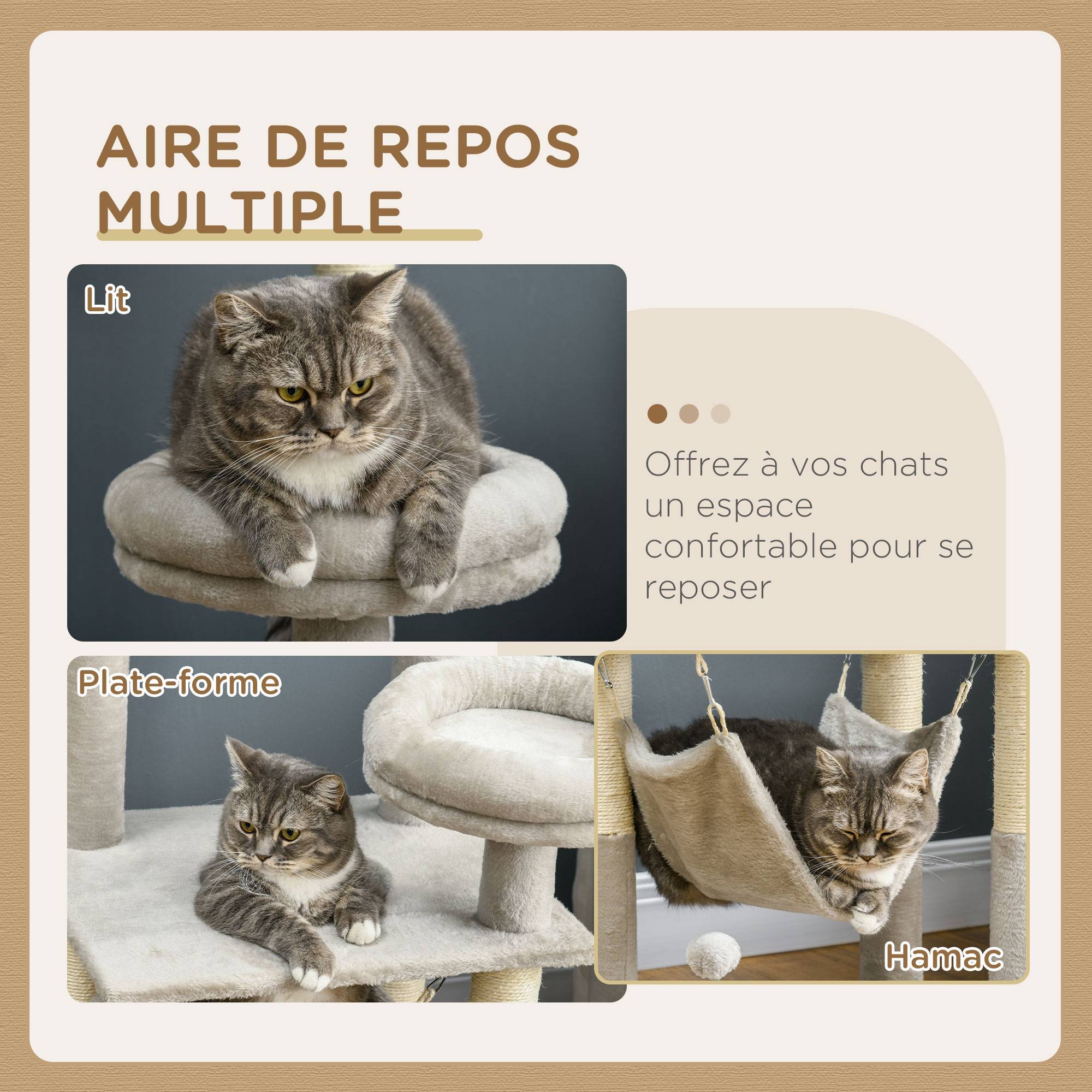 Pawhut - Arbre à chat griffoirs sisal naturel plateforme panier hamac boules suspendues et à ressort peluche gris clair - Imagen 6