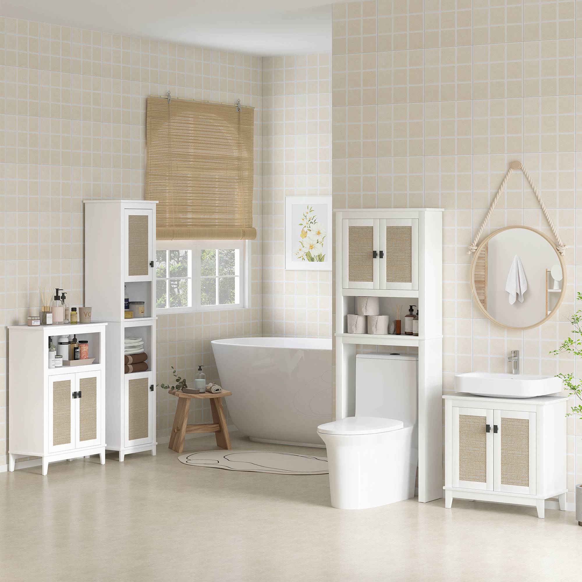 Sans Marque - Meuble toilette 2 portes façade rotin compartiment étagère réglable 60x19,5x160 cm blanc - Image 3