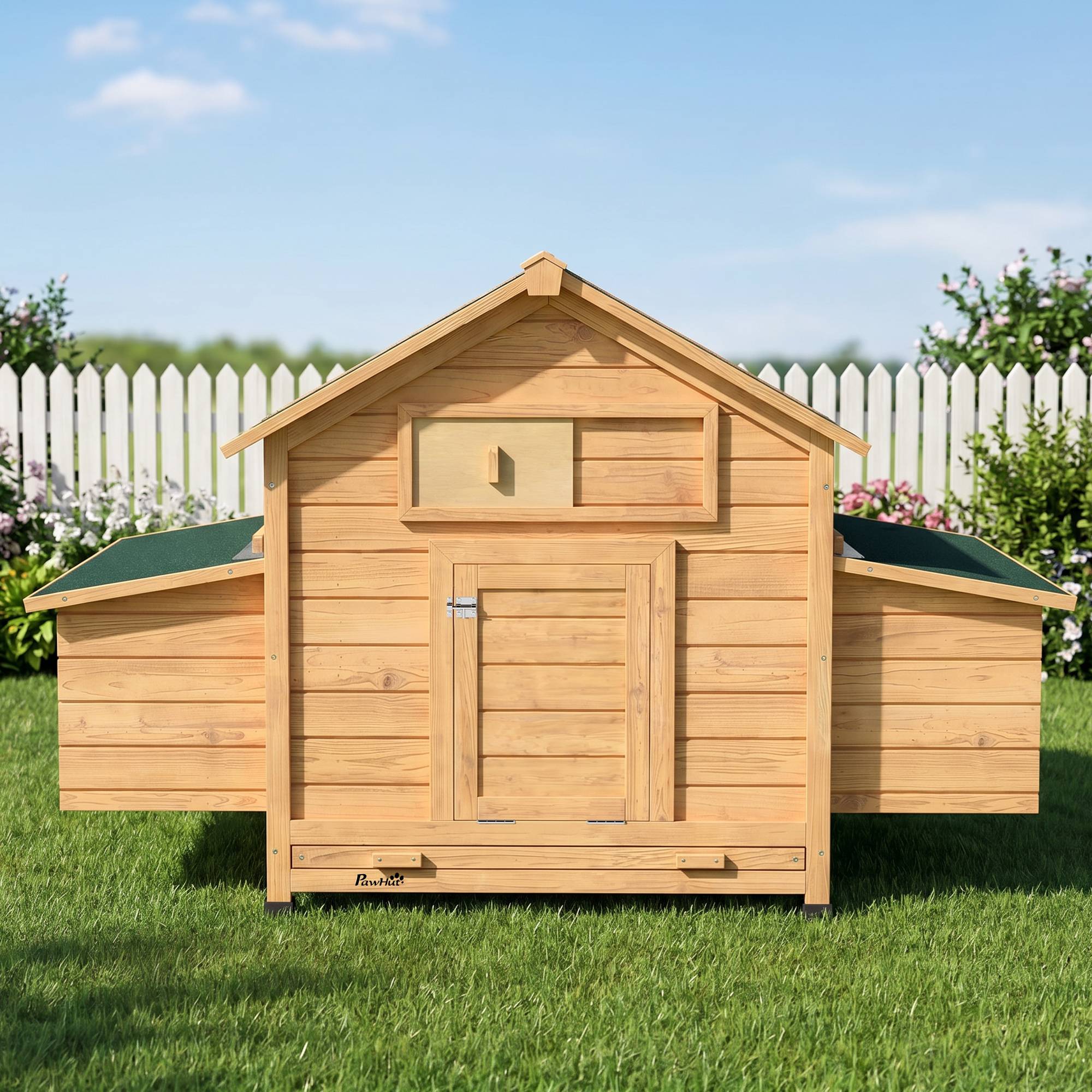 Galliner en bois pour extérieur avec 2 nidos, plateau amovible, étanche, 150 x 100 x 96,5 cm, jaune - Image 10