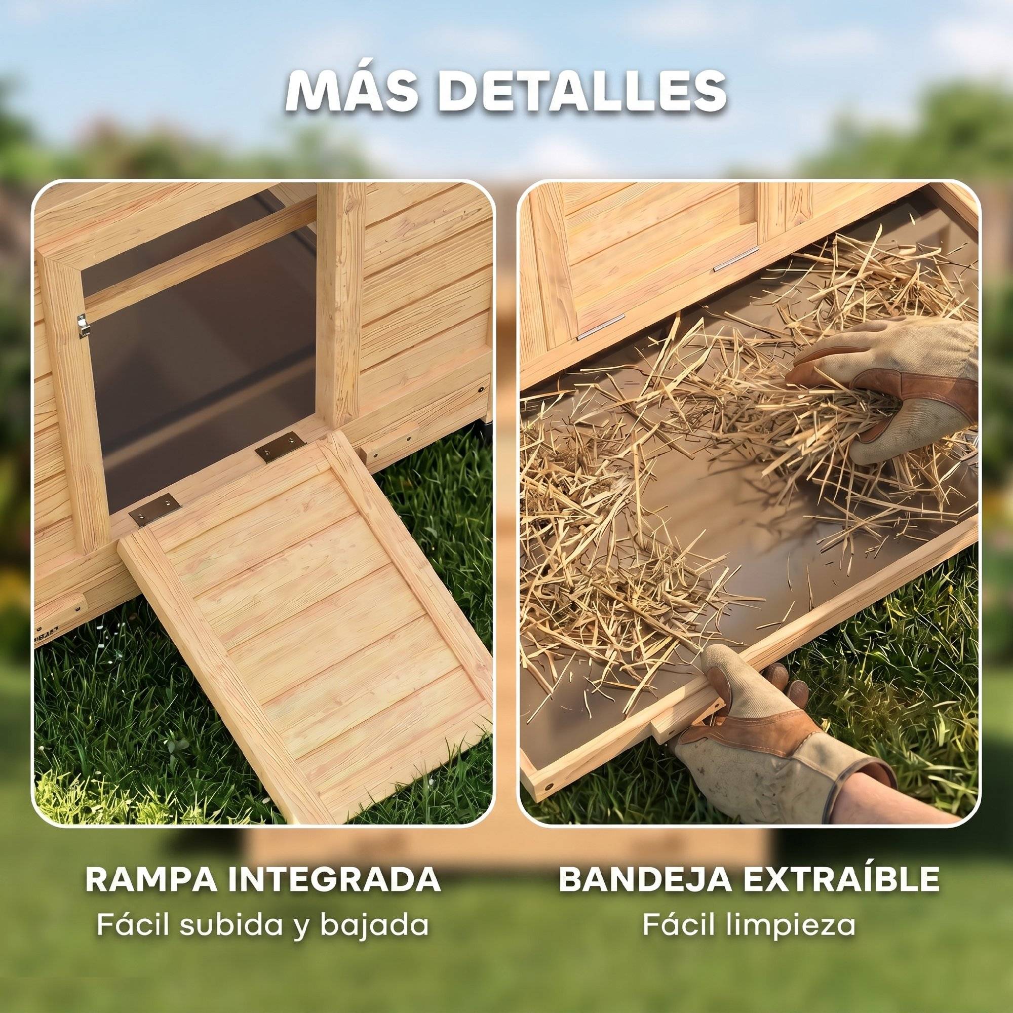Galliner en bois pour extérieur avec 2 nidos, plateau amovible, étanche, 150 x 100 x 96,5 cm, jaune - Image 9