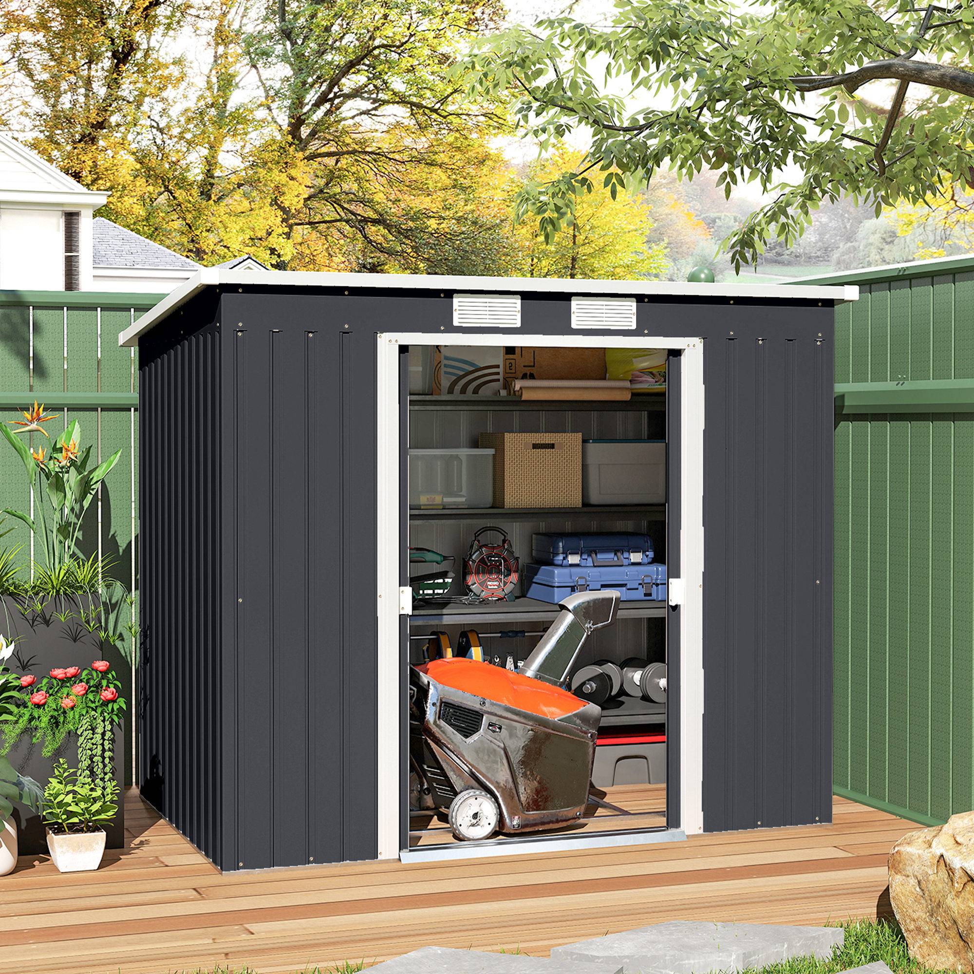 Abri de jardin 2,77 m² 213 x 130 x 172 cm kit de fondation porte coulissante ventilations acier galvanisé gris foncé - Image 4