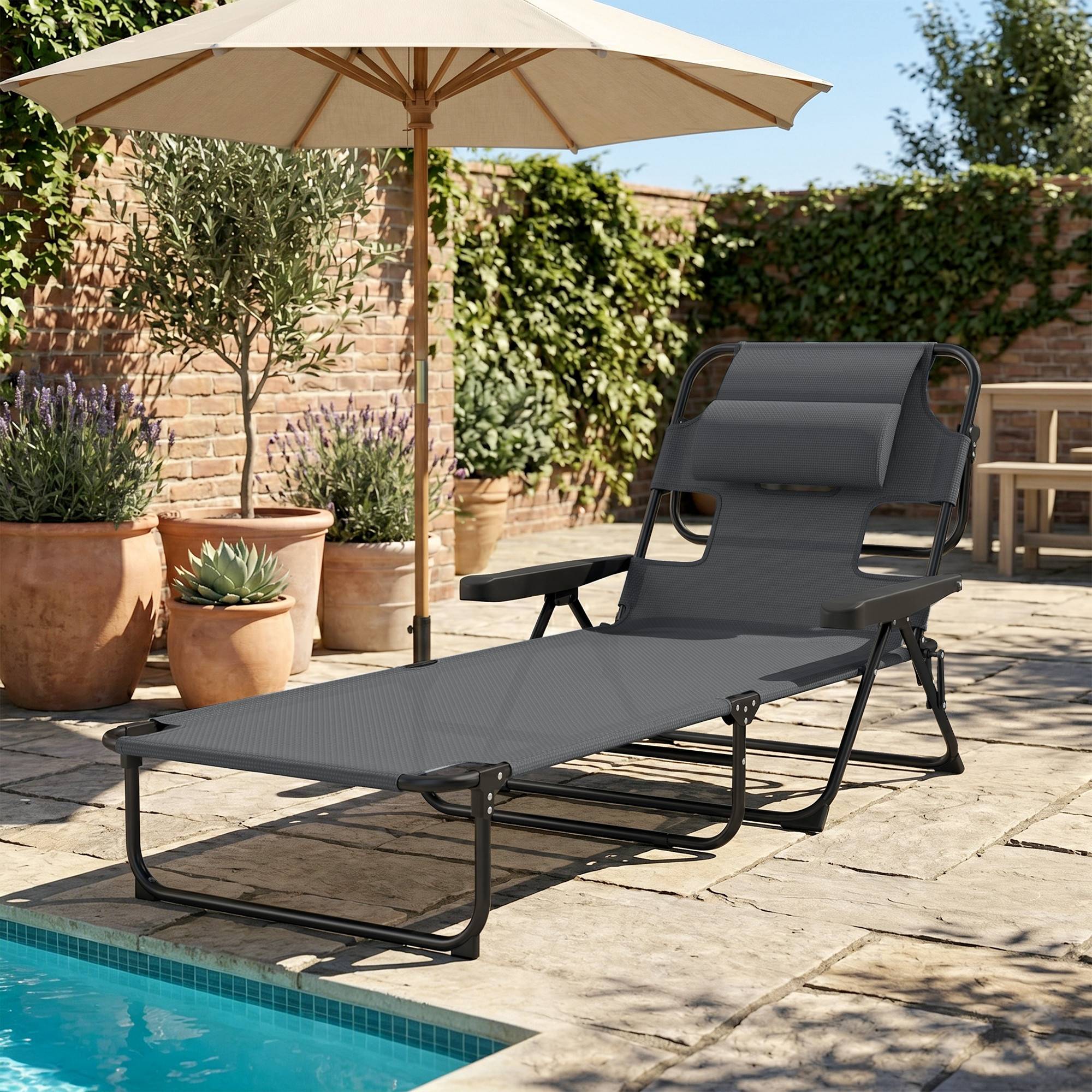 Bain de soleil de jardin acier pour extérieur pliant lit de camp avec trou facial gris - ComfortXL Outdoor Living - Image 3