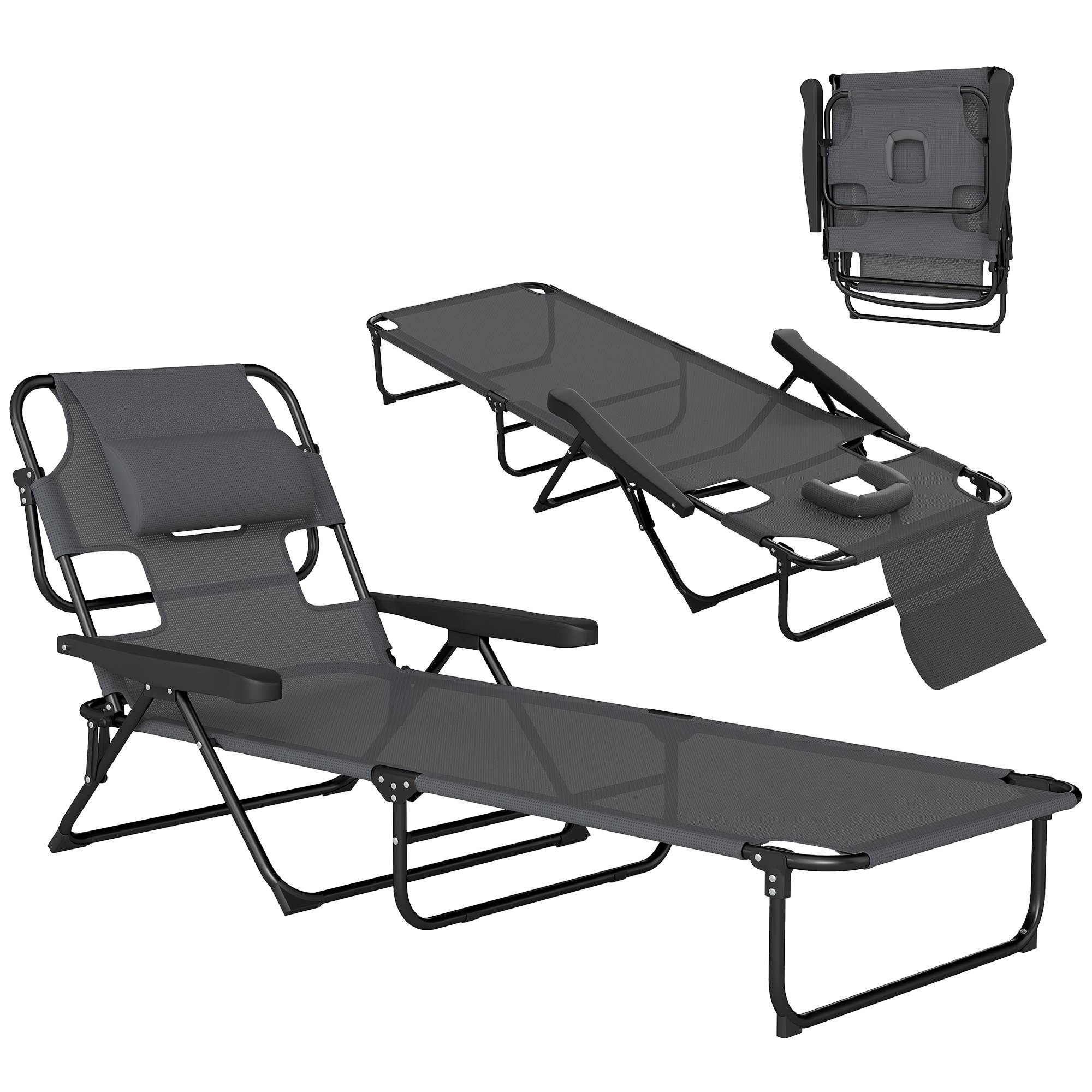 Bain de soleil de jardin acier pour extérieur pliant lit de camp avec trou facial gris - ComfortXL Outdoor Living - Image 1