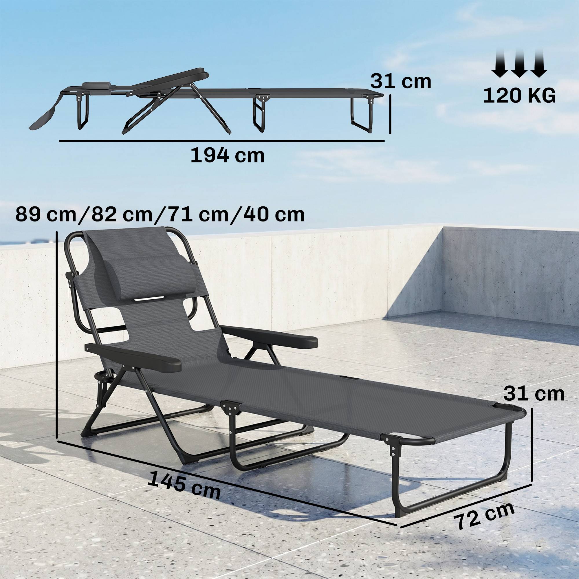 Bain de soleil de jardin acier pour extérieur pliant lit de camp avec trou facial gris - ComfortXL Outdoor Living - Image 5