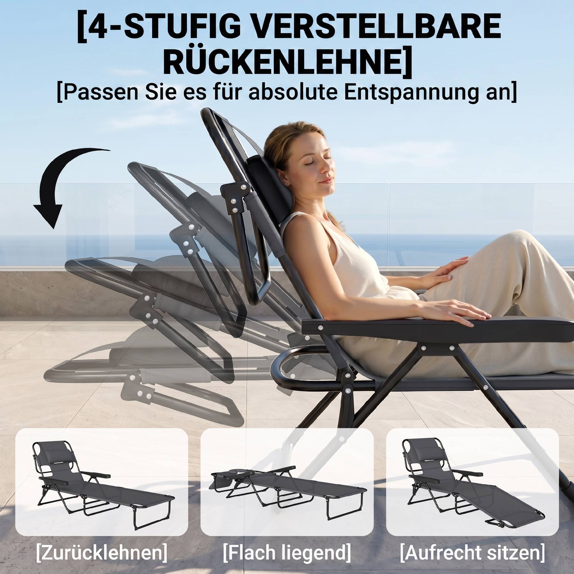 Bain de soleil de jardin acier pour extérieur pliant lit de camp avec trou facial gris - ComfortXL Outdoor Living - Image 7