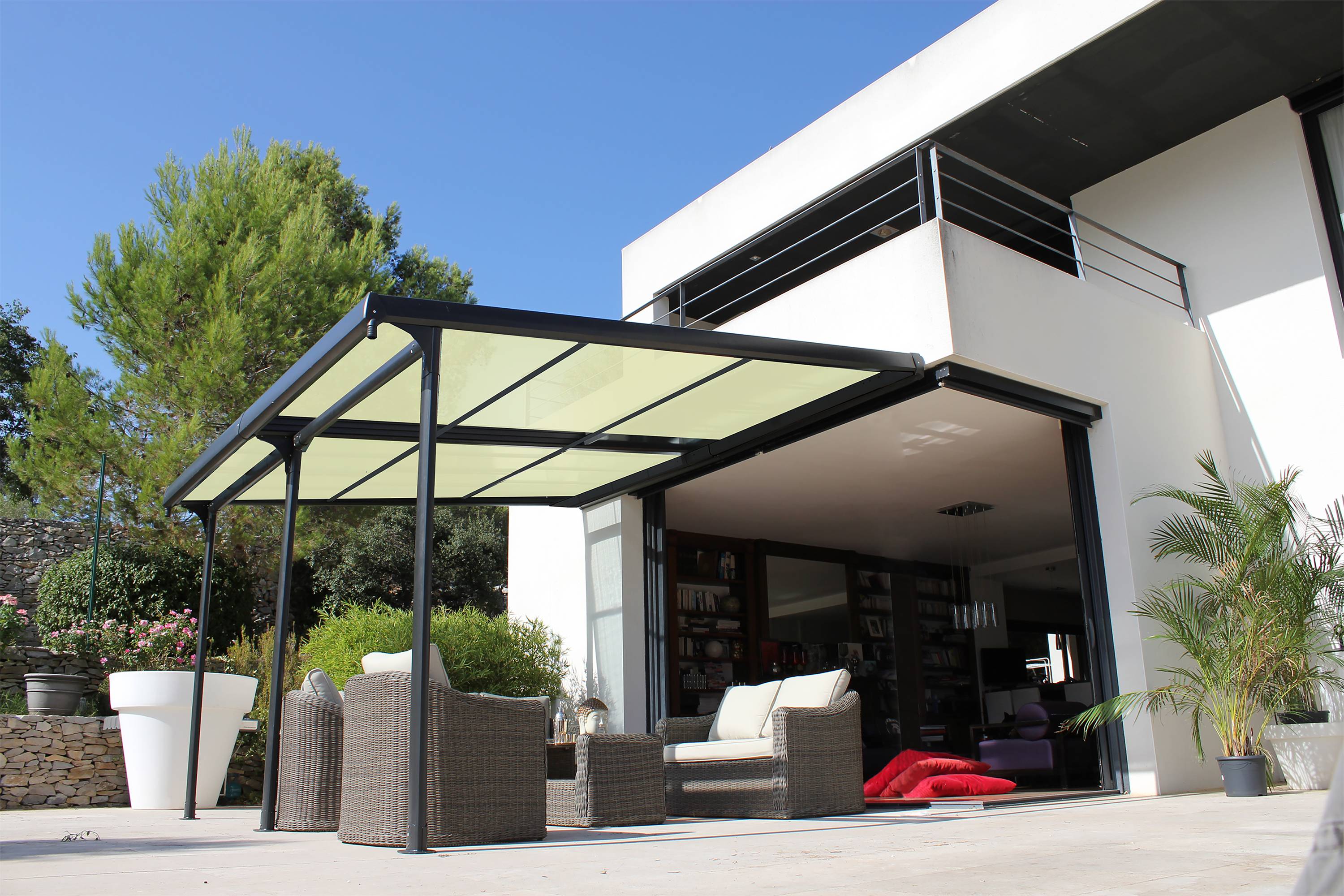 Couleurs du monde - Azura - Pergola adossée 3.5x4m avec toile renforcée 490gr/m²  - Couleurs du Monde - Imagen 1