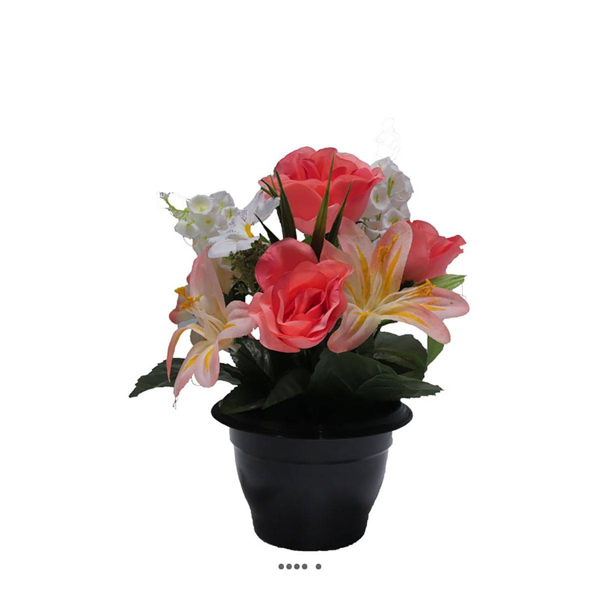 Artificielles - Composition fleurs artificielles cimetière pot roses lys arums H 28 cm D 25 cm Rose saumon - couleur: Rose saumon - Imagen 1