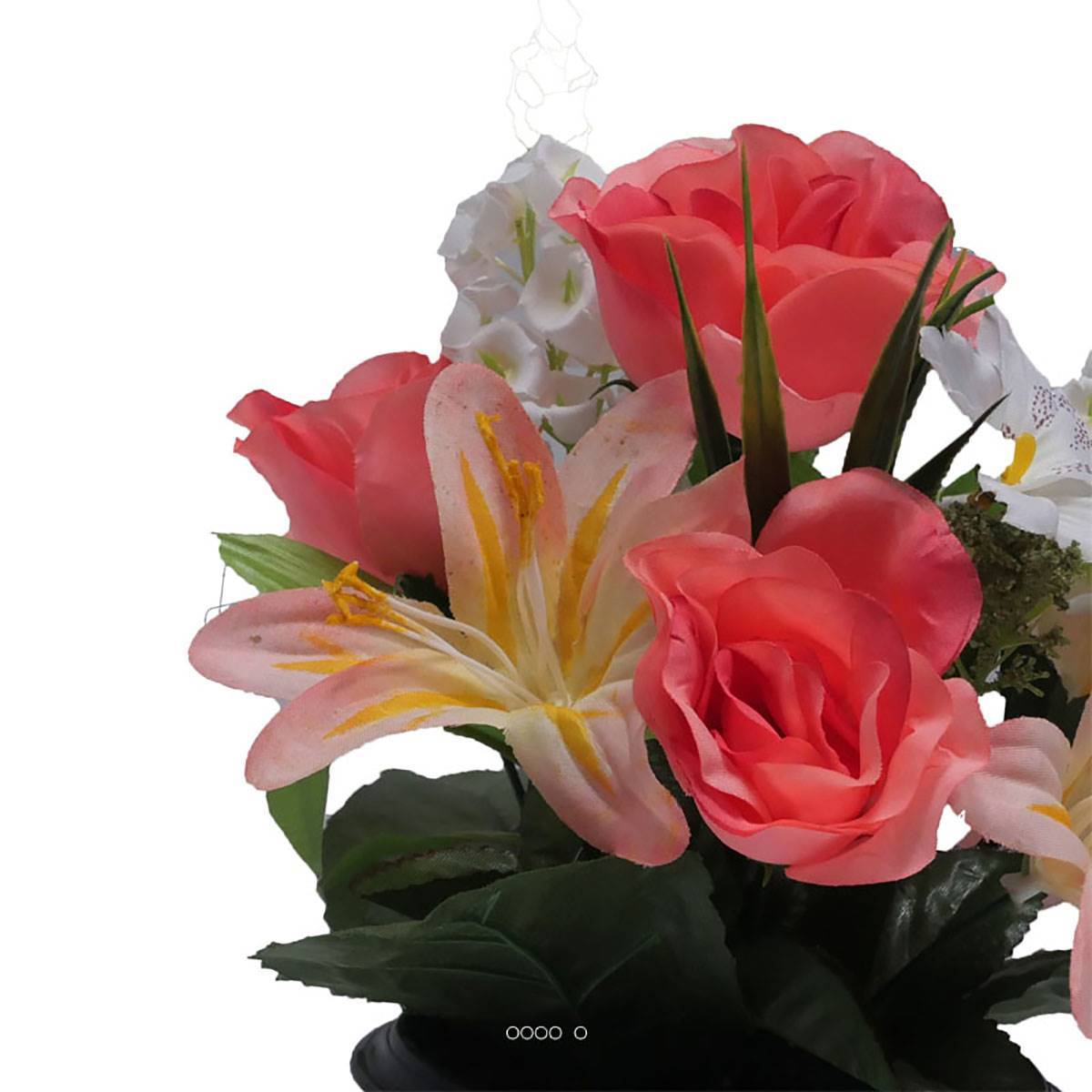 Artificielles - Composition fleurs artificielles cimetière pot roses lys arums H 28 cm D 25 cm Rose saumon - couleur: Rose saumon - Imagen 3