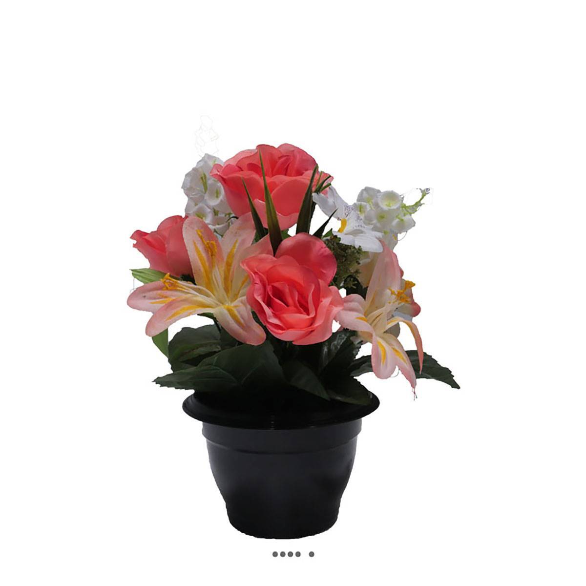 Artificielles - Composition fleurs artificielles cimetière pot roses lys arums H 28 cm D 25 cm Rose saumon - couleur: Rose saumon - Imagen 2