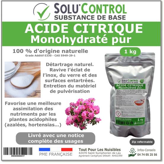 Acide citrique monohydraté pur 1 kg - 100% d'origine naturel - Nettoyer, détartrer, raviver l'inox et corriger le pH - Image 1