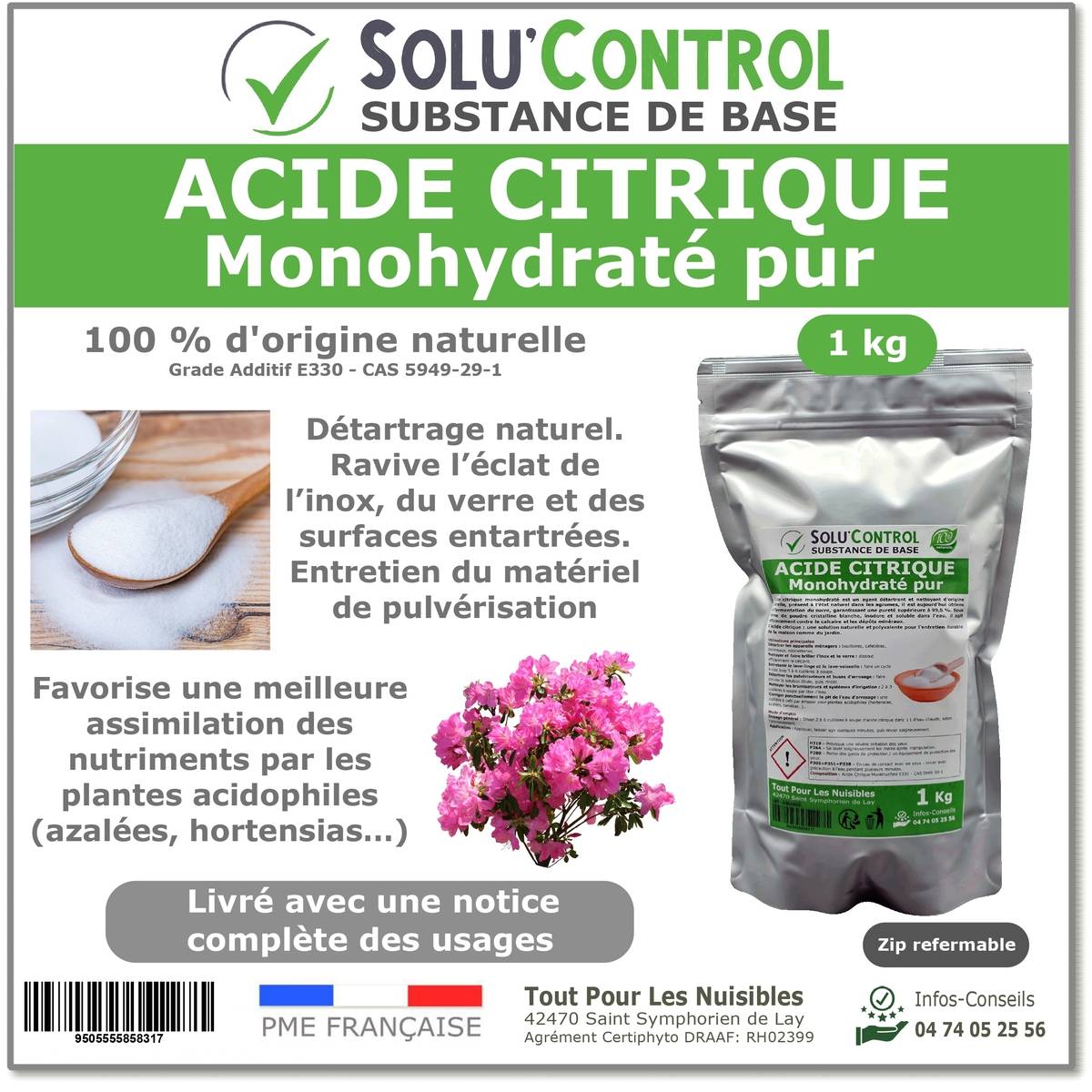 Acide citrique monohydraté pur 1 kg - 100% d'origine naturel - Nettoyer, détartrer, raviver l'inox et corriger le pH - Image 1