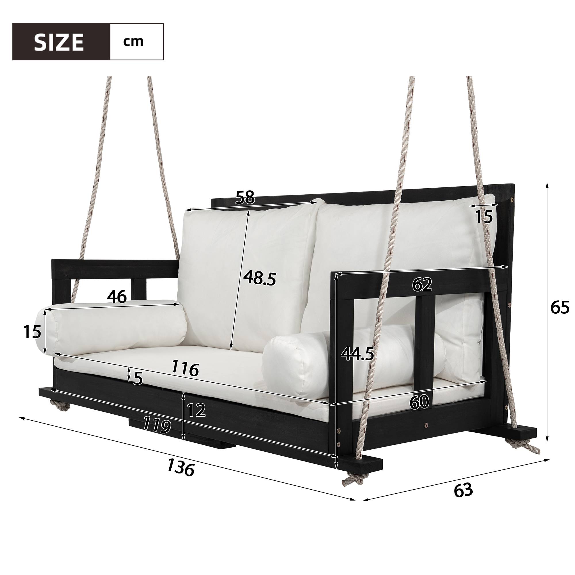 Balancelle suspendue 2 places bois acacia jardin coussins lavables 136x63cm noir beige - ComfortXL Outdoor Living - Image 4