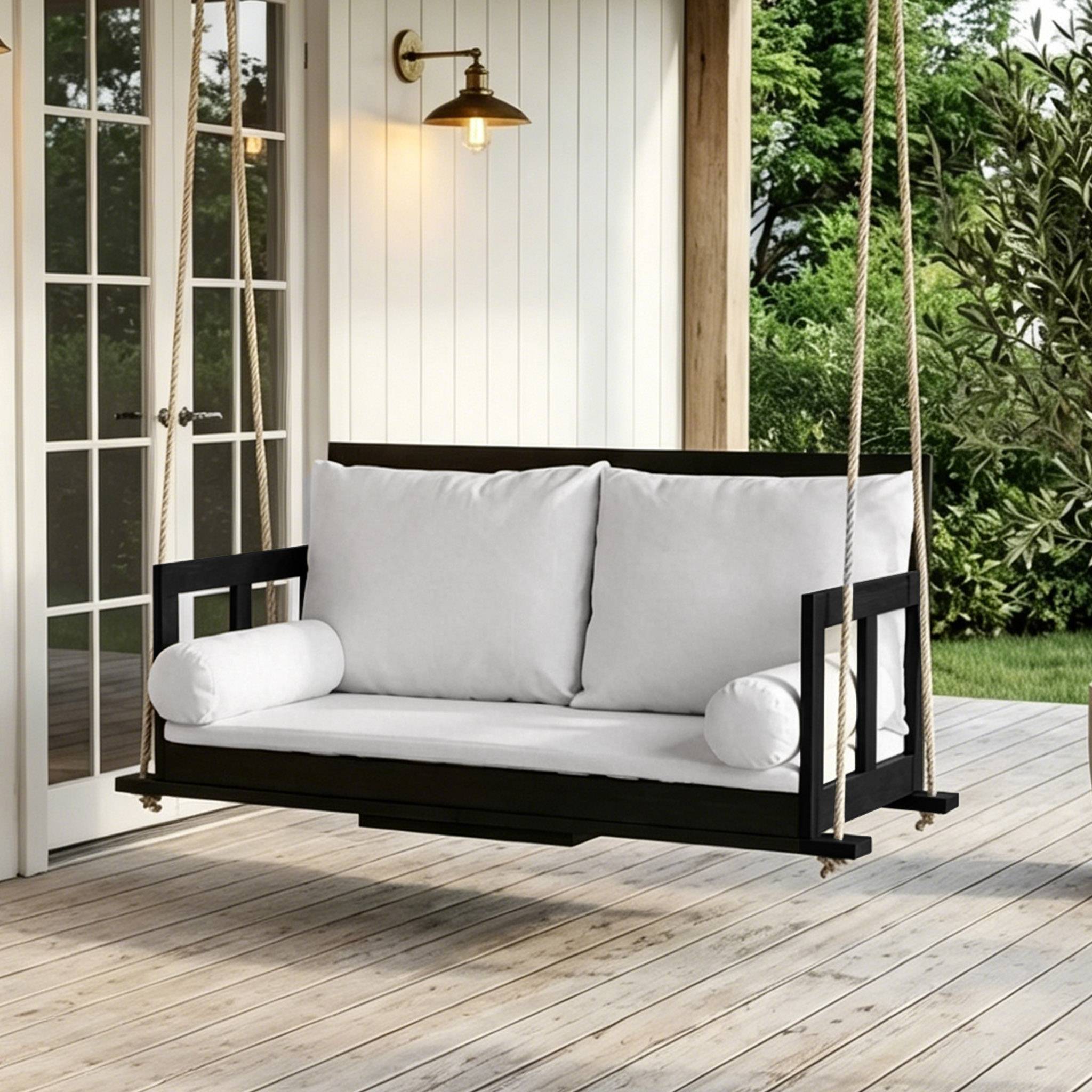 Balancelle suspendue 2 places bois acacia jardin coussins lavables 136x63cm noir beige - ComfortXL Outdoor Living - Image 1