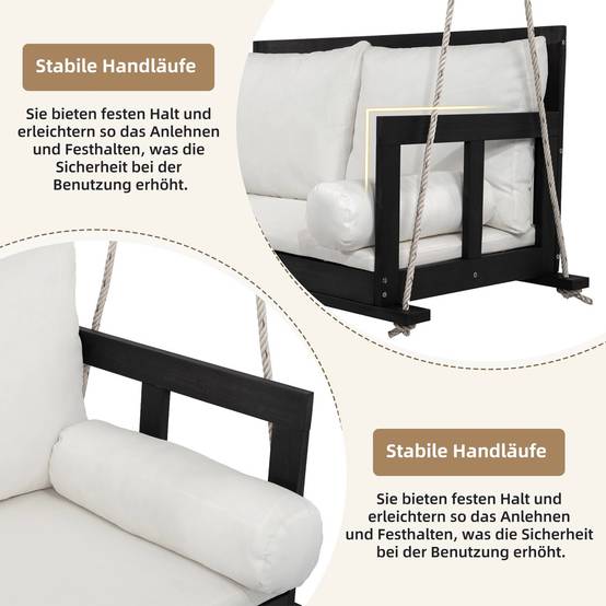 Balancelle suspendue 2 places bois acacia jardin coussins lavables 136x63cm noir beige - ComfortXL Outdoor Living - Image 6