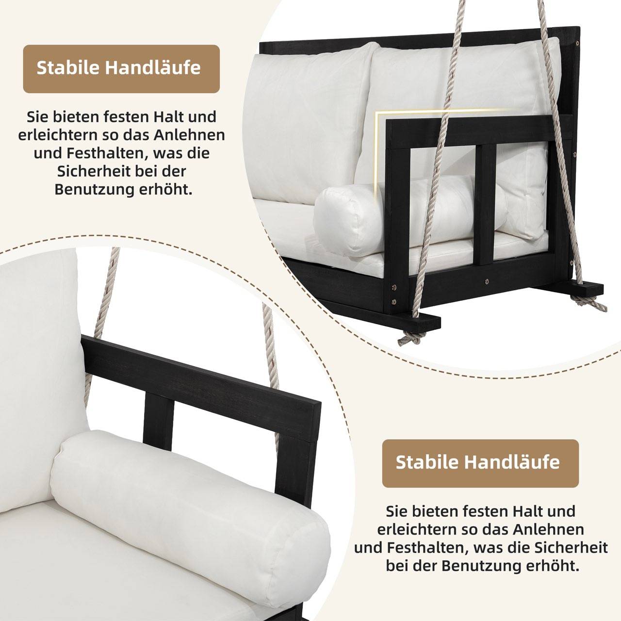 Balancelle suspendue 2 places bois acacia jardin coussins lavables 136x63cm noir beige - ComfortXL Outdoor Living - Image 6