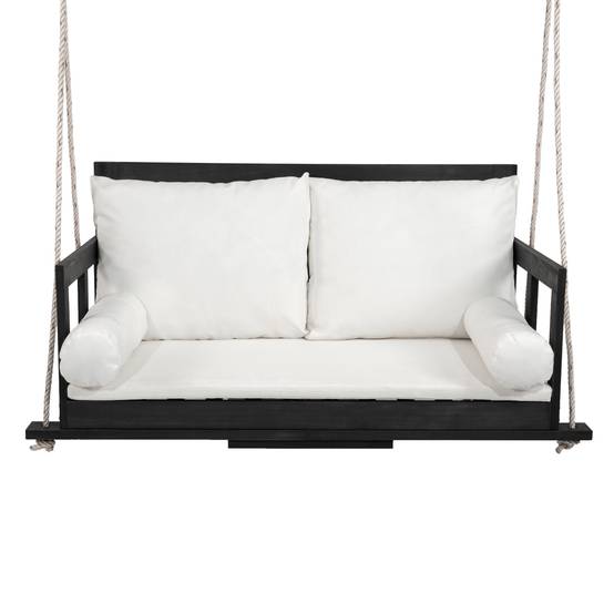Balancelle suspendue 2 places bois acacia jardin coussins lavables 136x63cm noir beige - ComfortXL Outdoor Living - Image 8