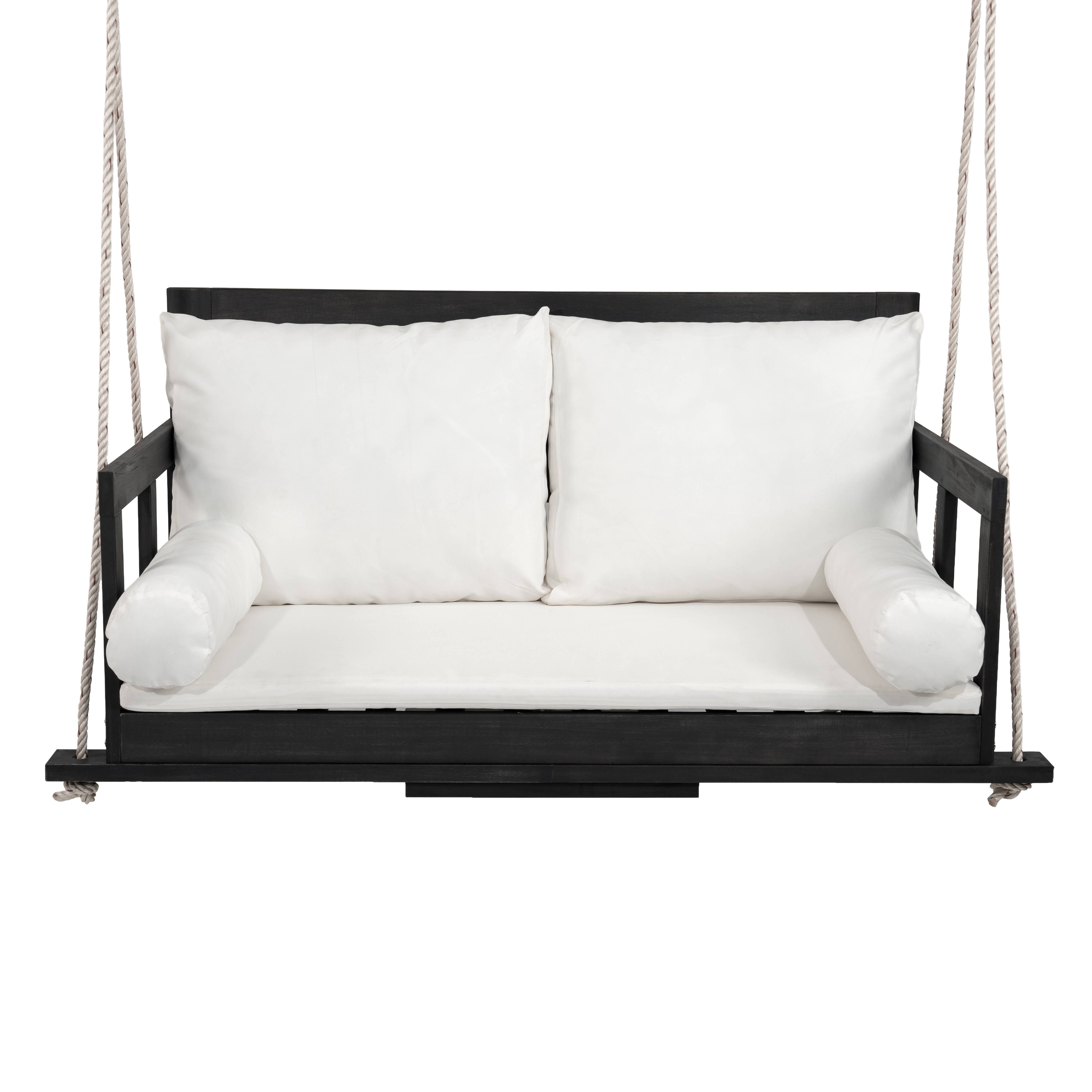 Balancelle suspendue 2 places bois acacia jardin coussins lavables 136x63cm noir beige - ComfortXL Outdoor Living - Image 8