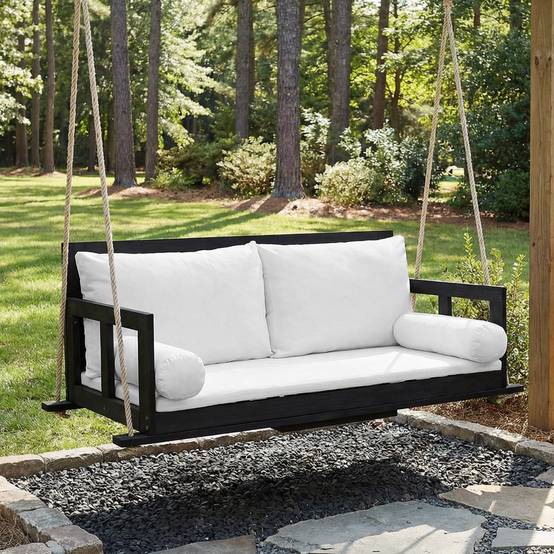 Balancelle suspendue 2 places bois acacia jardin coussins lavables 136x63cm noir beige - ComfortXL Outdoor Living - Image 3