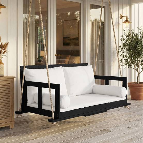 Balancelle suspendue 2 places bois acacia jardin coussins lavables 136x63cm noir beige - ComfortXL Outdoor Living - Image 2