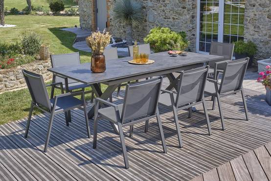 Dcb Garden - Ensemble repas de jardin 8 pl plateau céramique sur verre - Gris anthracite - FLORIDE - Image 1