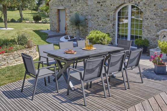 Dcb Garden - Ensemble repas de jardin 8 pl plateau céramique sur verre - Gris anthracite - FLORIDE - Image 2
