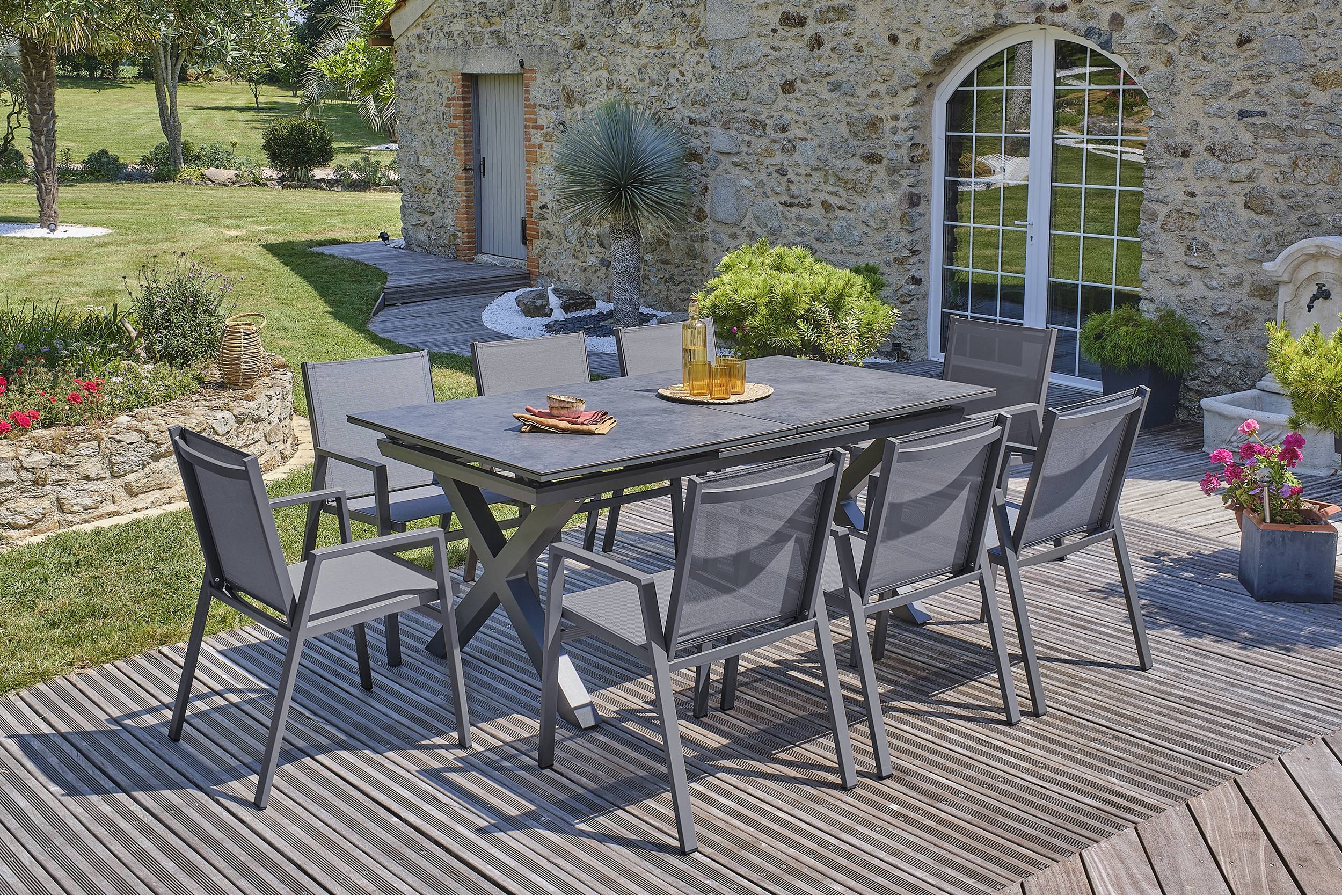 Dcb Garden - Ensemble repas de jardin 8 pl plateau céramique sur verre - Gris anthracite - FLORIDE - Image 2