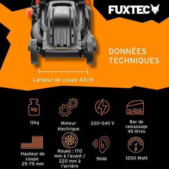 FUXTEC - Tondeuse à gazon électrique 43 cm FUXTEC FX-RME43 – 45L – 1200W – Hauteur 25-75 mm – Poussée – 220V - Image 3