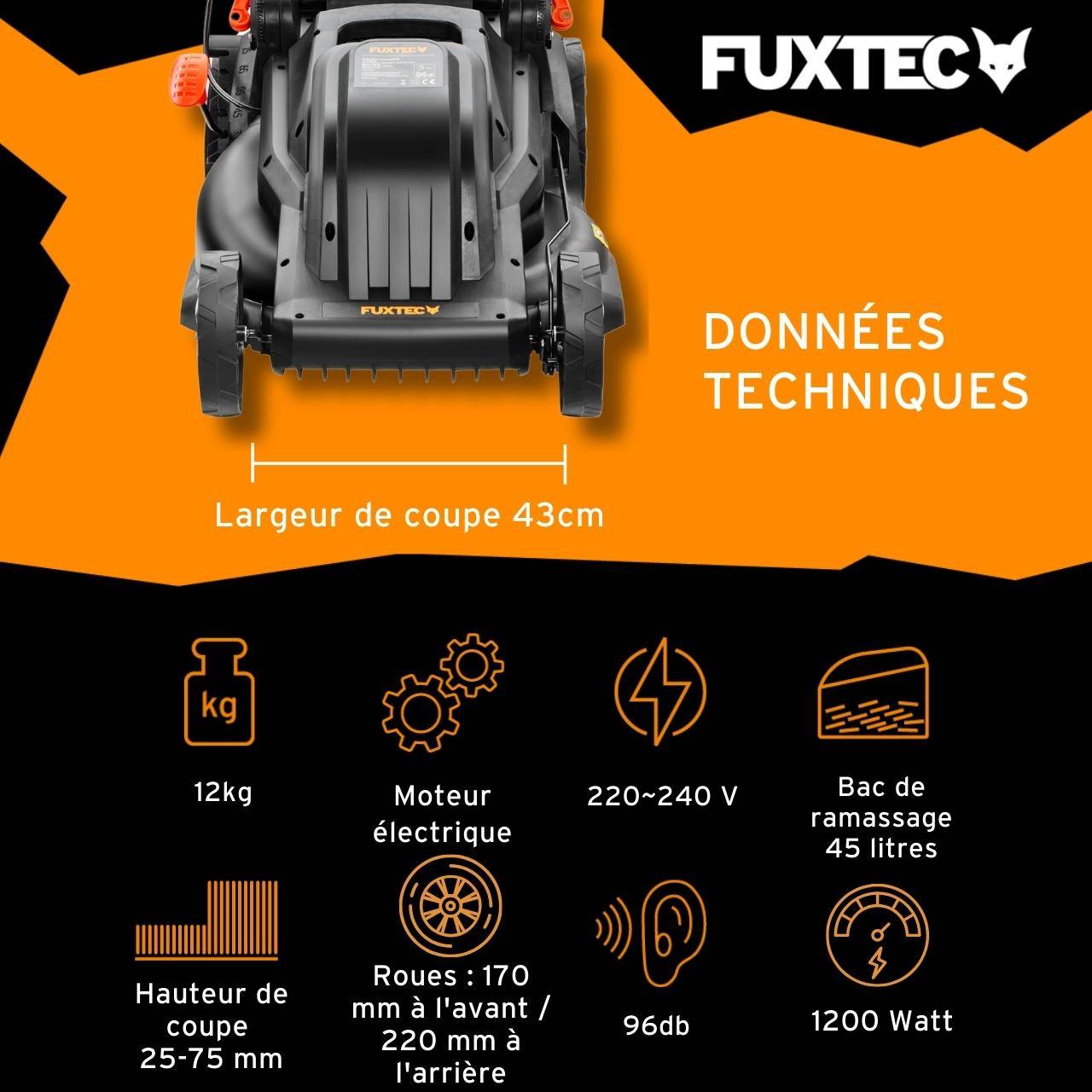 FUXTEC - Tondeuse à gazon électrique 43 cm FUXTEC FX-RME43 – 45L – 1200W – Hauteur 25-75 mm – Poussée – 220V - Image 3