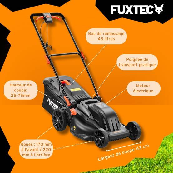 FUXTEC - Tondeuse à gazon électrique 43 cm FUXTEC FX-RME43 – 45L – 1200W – Hauteur 25-75 mm – Poussée – 220V - Image 6