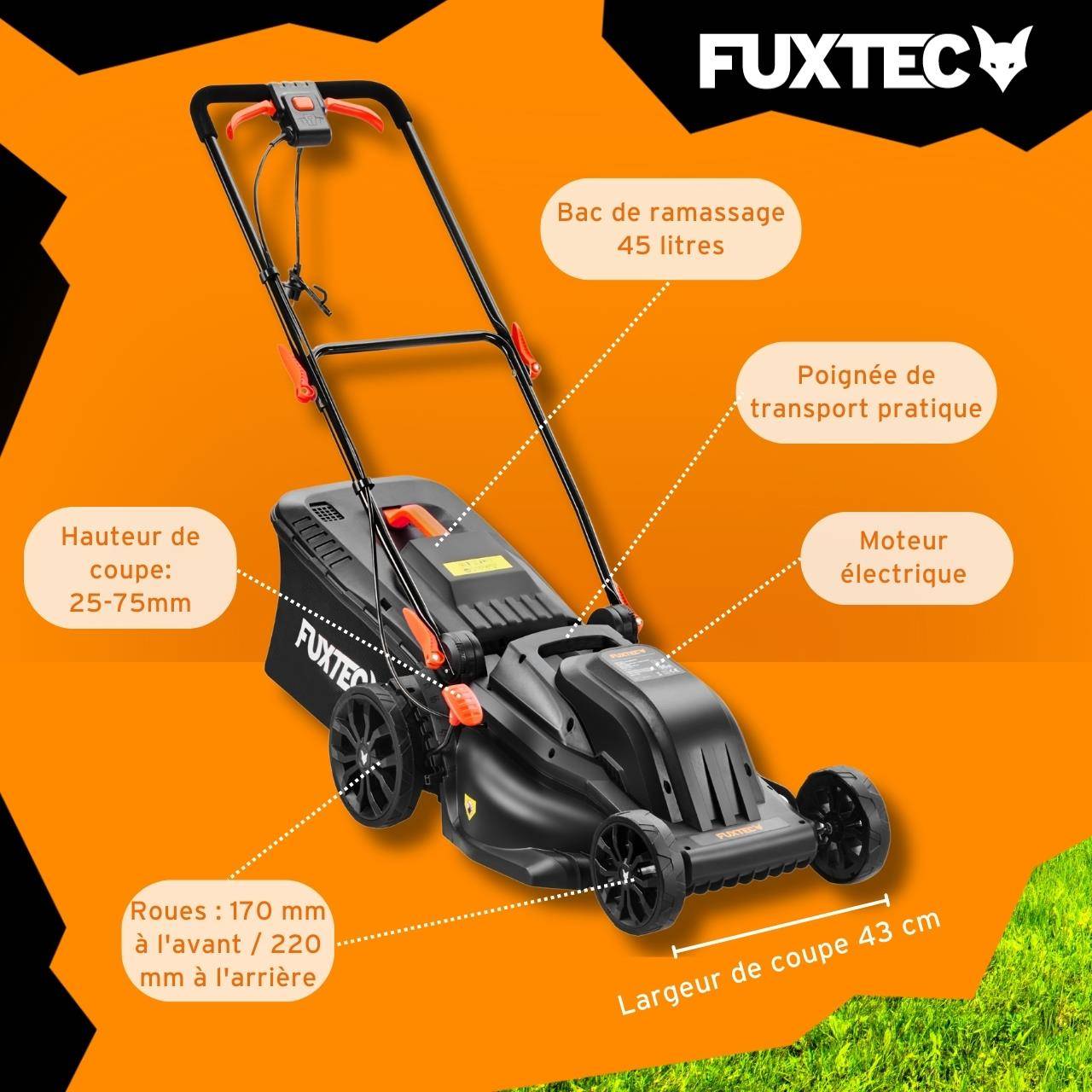 FUXTEC - Tondeuse à gazon électrique 43 cm FUXTEC FX-RME43 – 45L – 1200W – Hauteur 25-75 mm – Poussée – 220V - Image 6