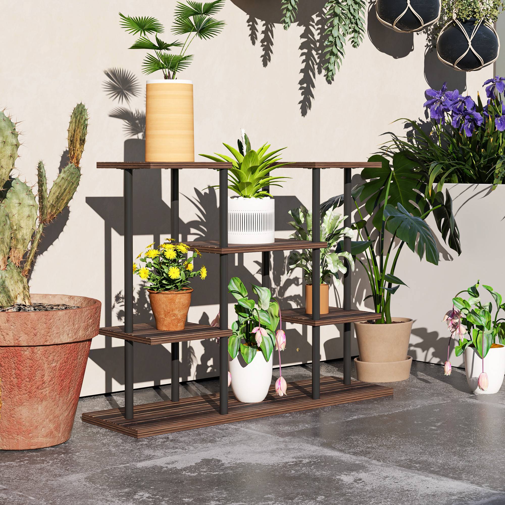 Étagère porte-plantes 4 niveaux bois massif et acier style industriel 80x24x61cm - ComfortXL Outdoor Living - Image 3