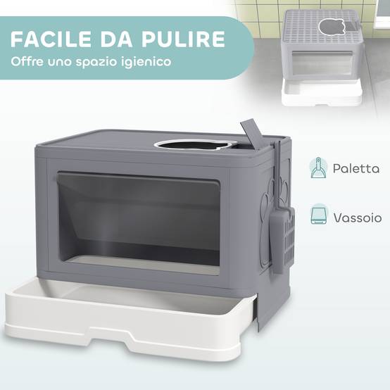 Litière fermée avec couvercle et double entrée, tiroir amovible, pelle et brosse, gris - Image 6
