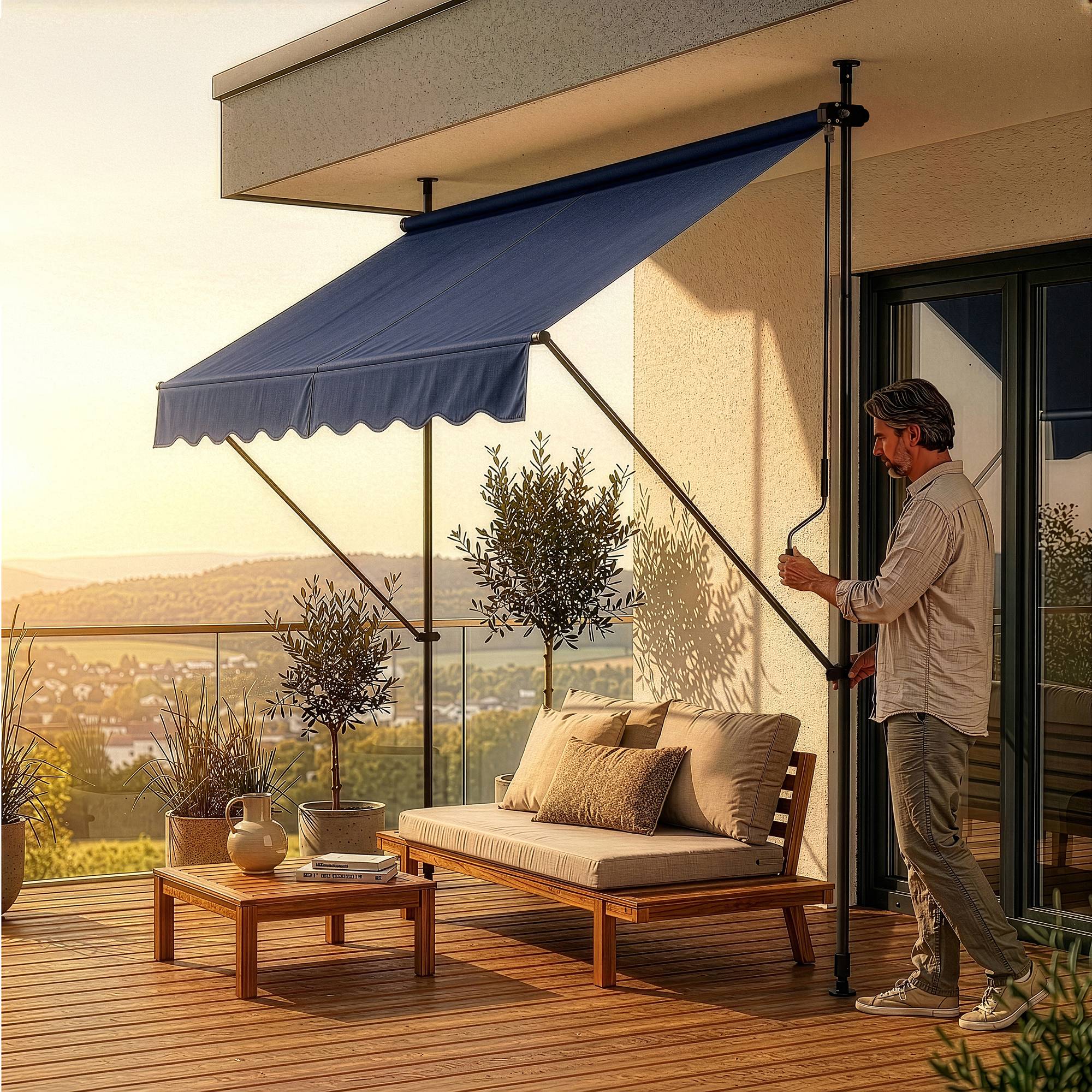 Pro.Tec - Store Banne Téléscopique Acier Polyester 250 x 120 x 220-309 cm Bleu Foncé [pro.tec] - Imagen 4