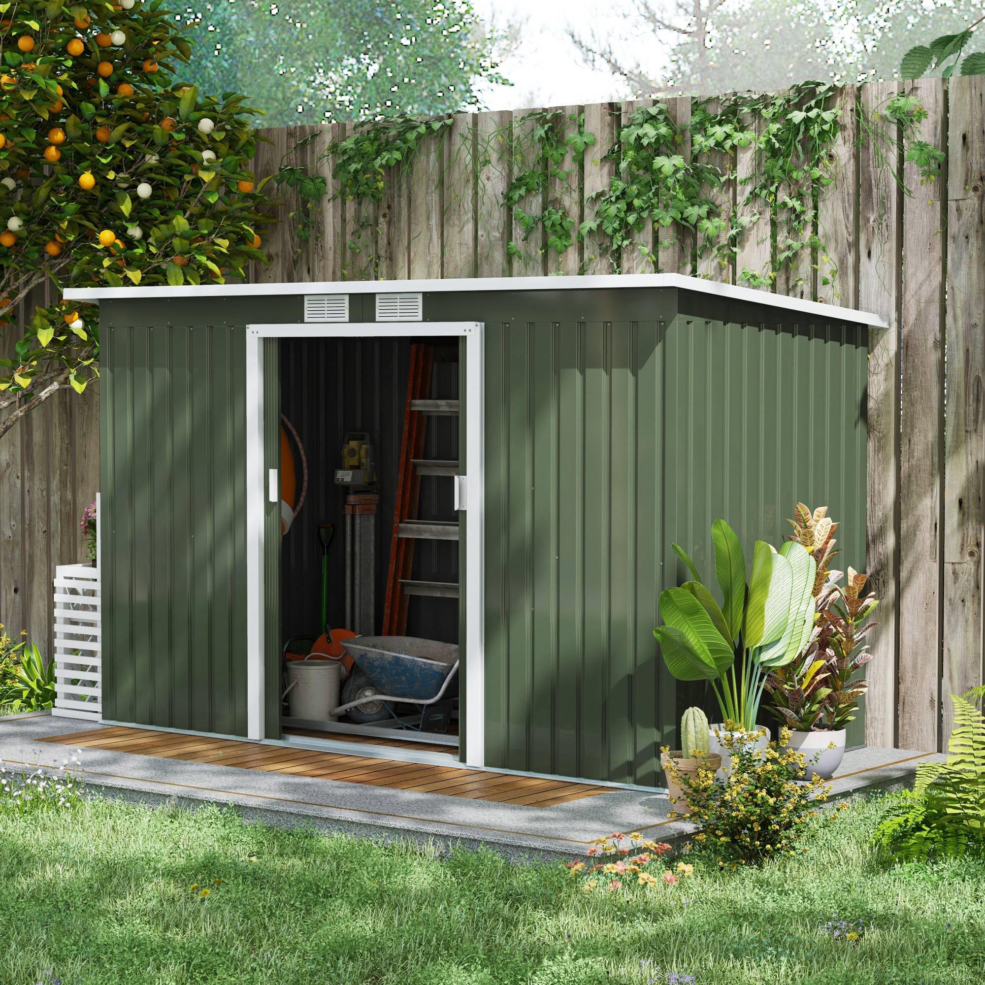 ComfortXL - Abri de jardin acier extérieur rangement outils toit monopente 280x130x172cm vert clair - ComfortXL Outdoor Living - Image 1