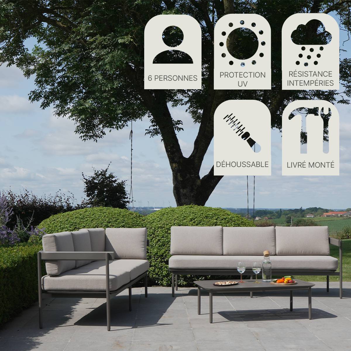 Wilsa Garden - Salon de jardin bas aluminium 6 places modulable taupe SAHARA - Imagen 9
