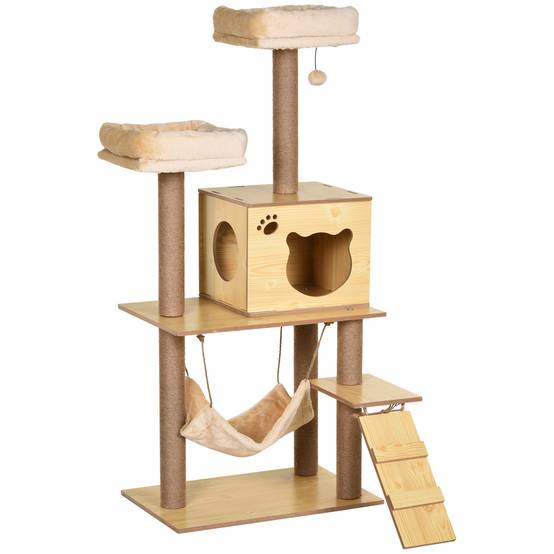 Arbre à chat design bois et sisal pour chat avec niche et hamac 130 cm beige - ComfortXL Outdoor Living - Image 1