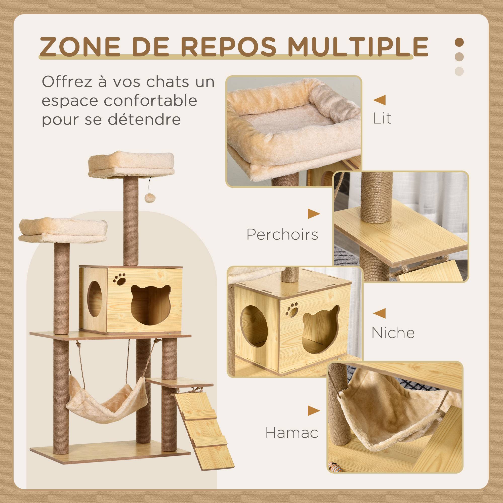 Arbre à chat design bois et sisal pour chat avec niche et hamac 130 cm beige - ComfortXL Outdoor Living - Image 6