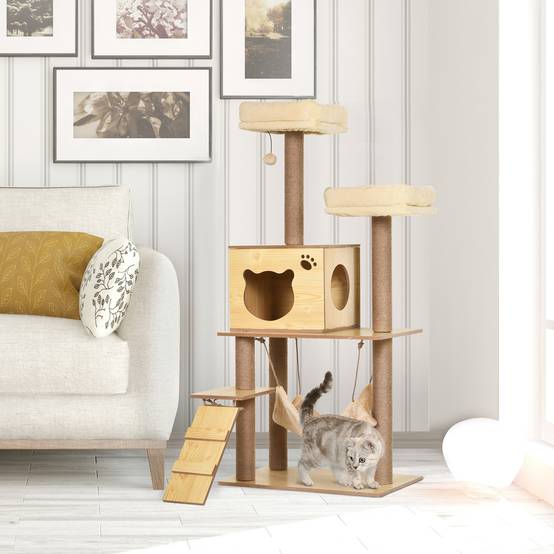 Arbre à chat design bois et sisal pour chat avec niche et hamac 130 cm beige - ComfortXL Outdoor Living - Image 3