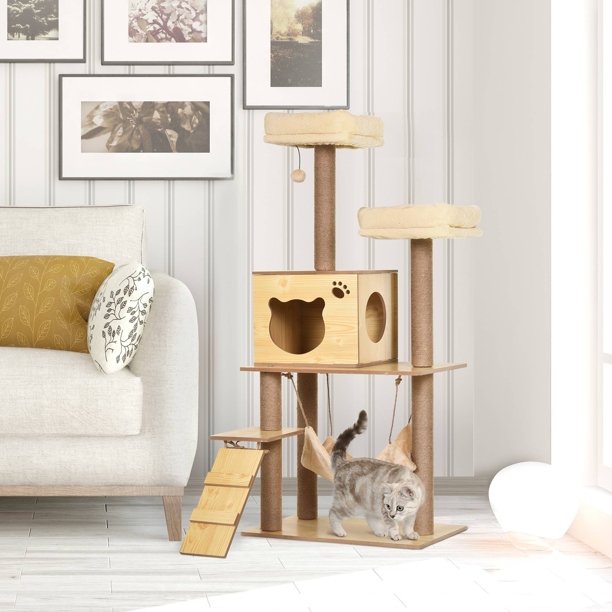 Arbre à chat design bois et sisal pour chat avec niche et hamac 130 cm beige - ComfortXL Outdoor Living - Image 3
