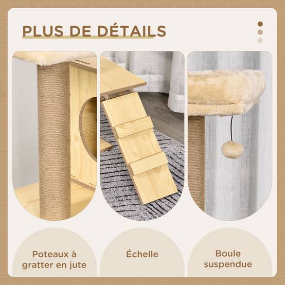 Arbre à chat design bois et sisal pour chat avec niche et hamac 130 cm beige - ComfortXL Outdoor Living - Image 7