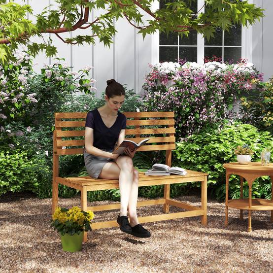Banc de jardin 2 places en bois de teck, dossier convertible, résistant aux UV, 110x61x89cm, meuble extérieur polyvalent - Image 2