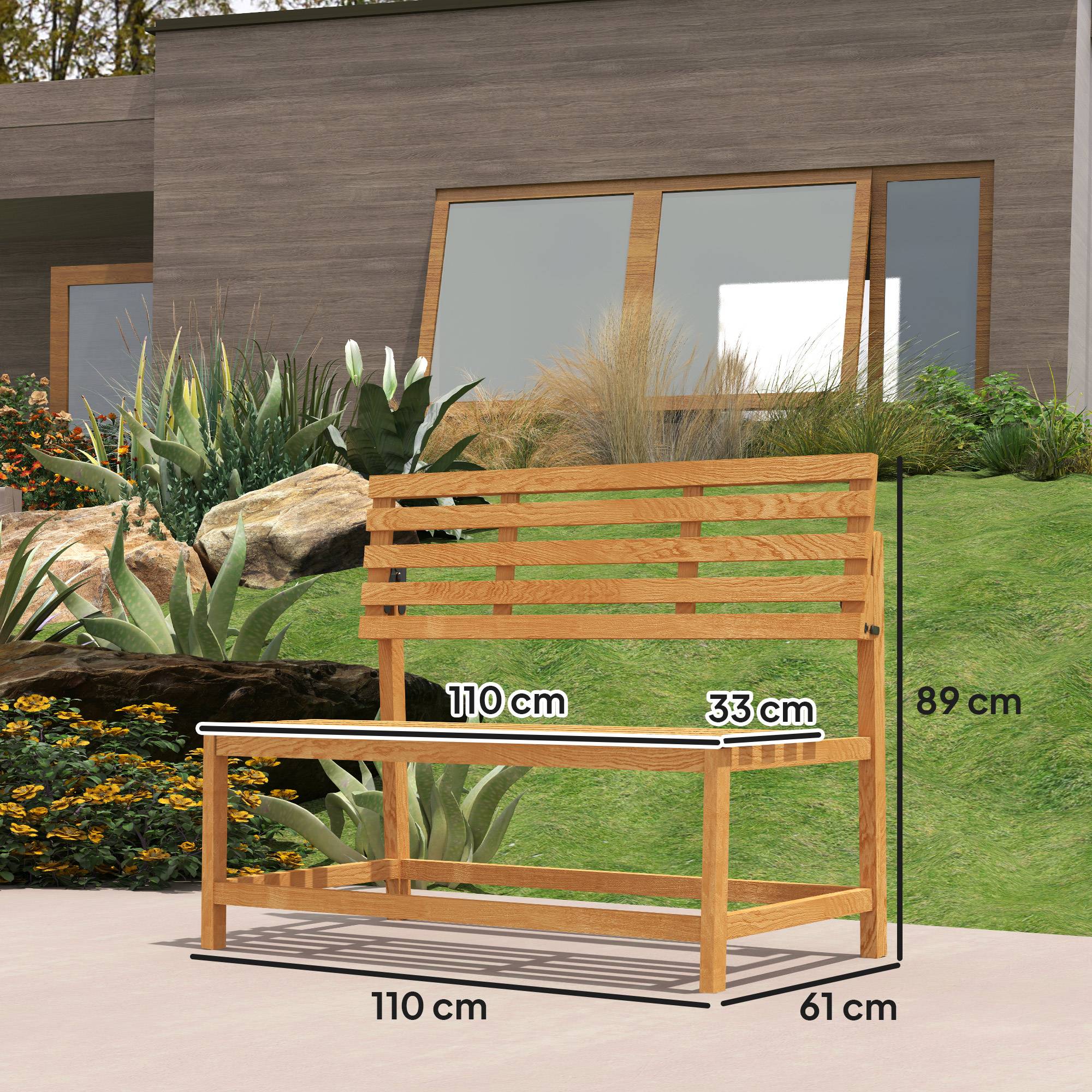 Banc de jardin 2 places en bois de teck, dossier convertible, résistant aux UV, 110x61x89cm, meuble extérieur polyvalent - Image 3