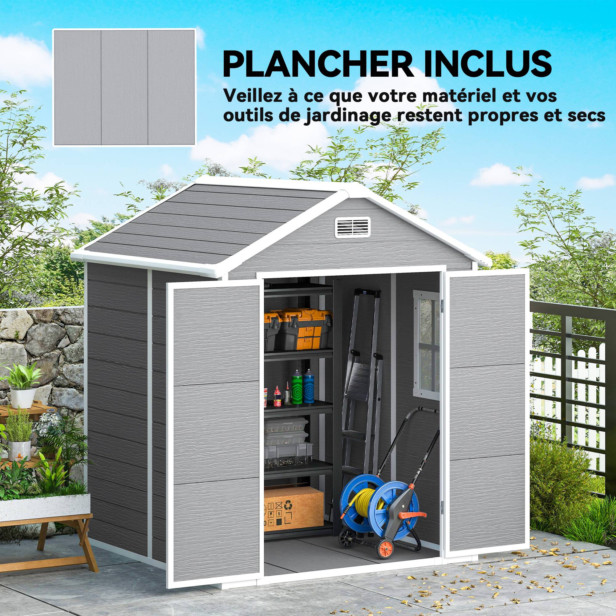 Abri de jardin en résine 2,7 m² avec plancher portes à loquet 3 fenêtre structure en aluminium 240 x 190 x 228 cm gris - Image 7