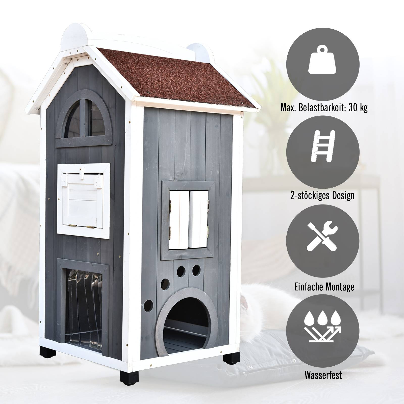 Maisonnette pour chat bois de sapin gris 59 x 55 x 109 cm - PANGIVO - Image 7