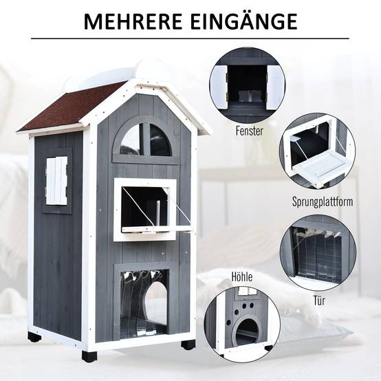 Maisonnette pour chat bois de sapin gris 59 x 55 x 109 cm - PANGIVO - Image 6