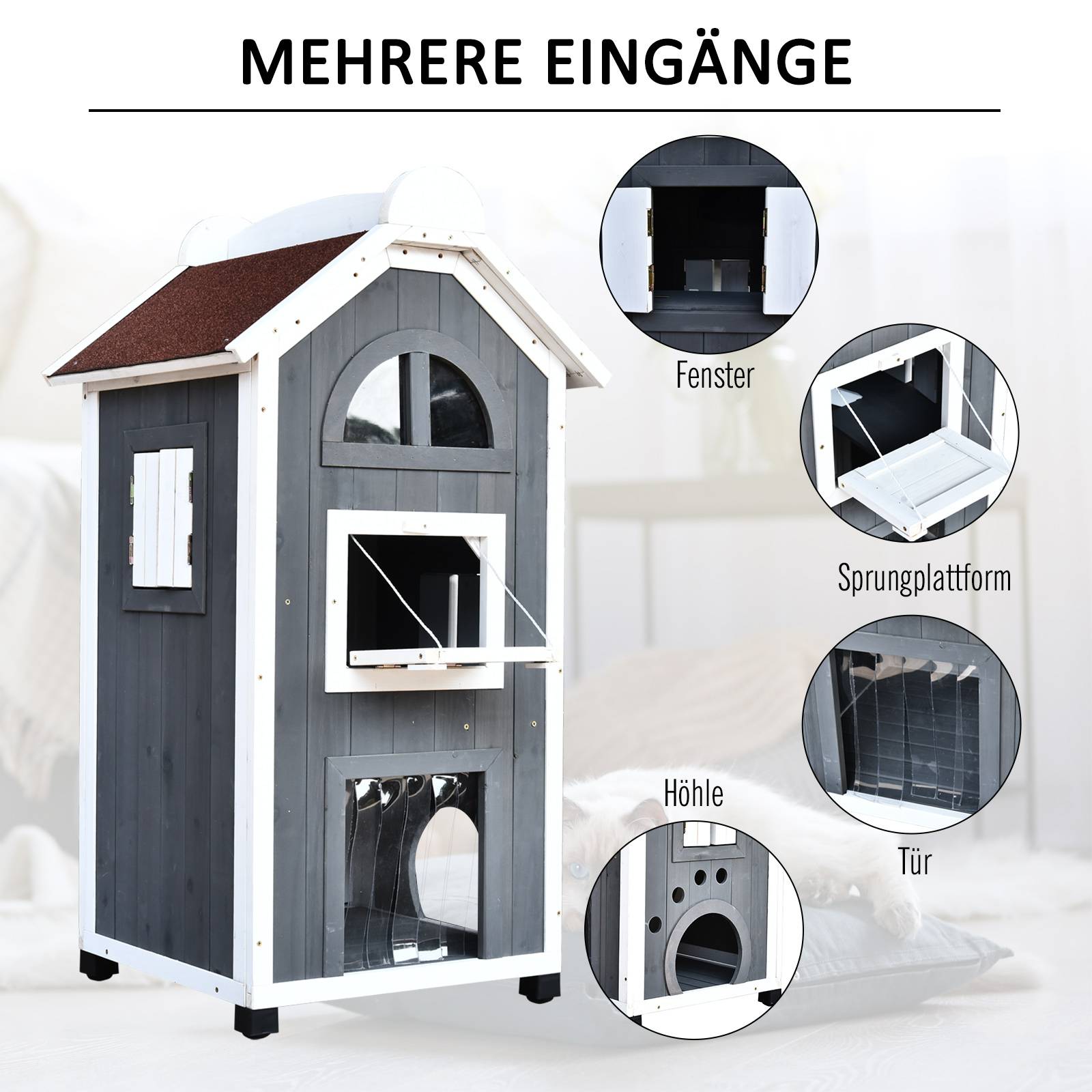 Maisonnette pour chat bois de sapin gris 59 x 55 x 109 cm - PANGIVO - Image 6