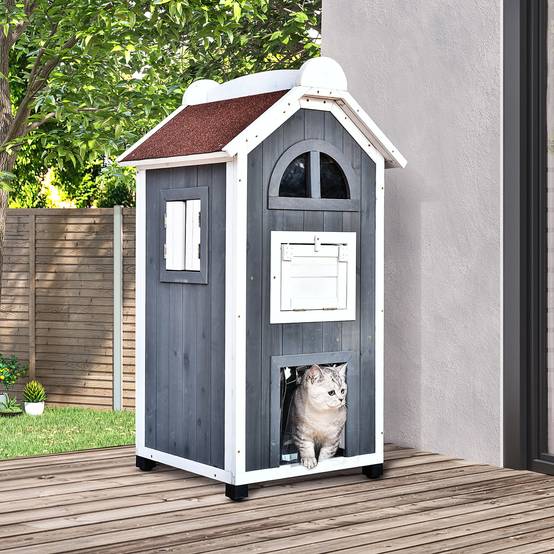 Maisonnette pour chat bois de sapin gris 59 x 55 x 109 cm - PANGIVO - Image 3