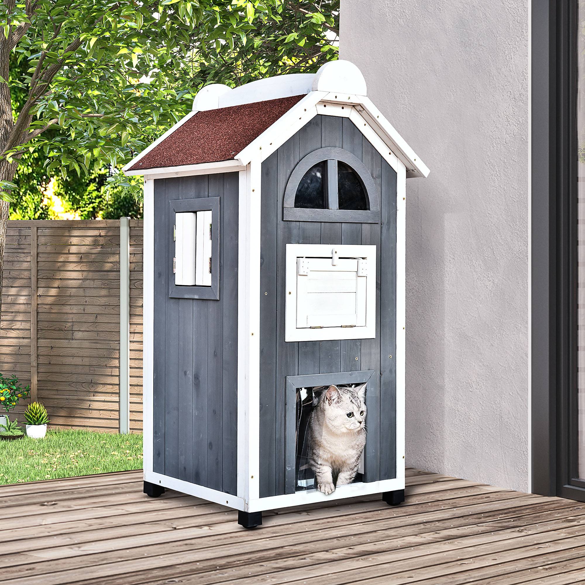 Maisonnette pour chat bois de sapin gris 59 x 55 x 109 cm - PANGIVO - Image 3