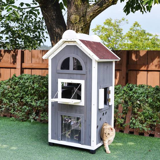 Maisonnette pour chat bois de sapin gris 59 x 55 x 109 cm - PANGIVO - Image 4