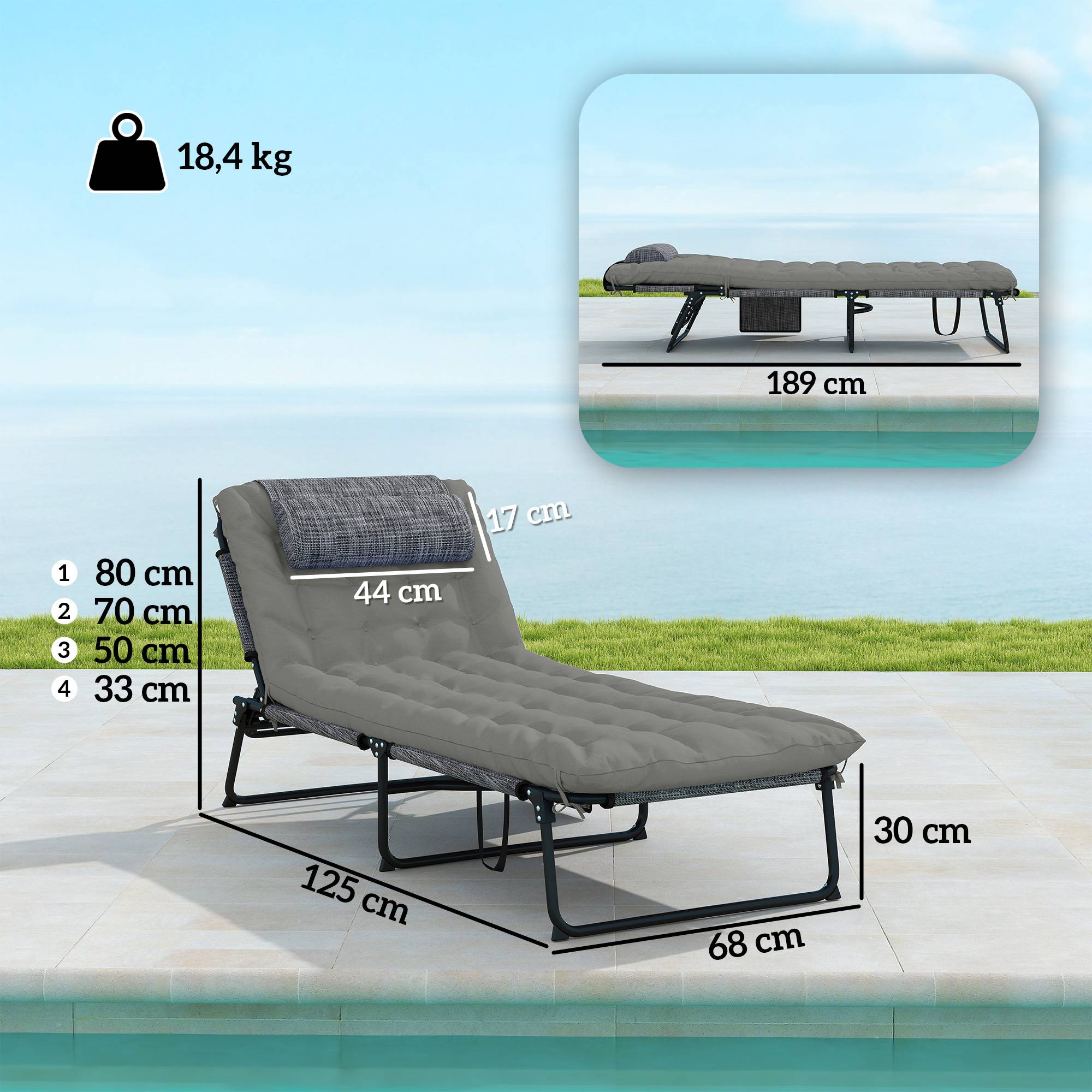 Outsunny - Lot 2 transats bains de soleil pliables dossier inclinable 4 positions, appui-tête, matelas épais confortable textilène/acier gris - Outsunny - Image 3
